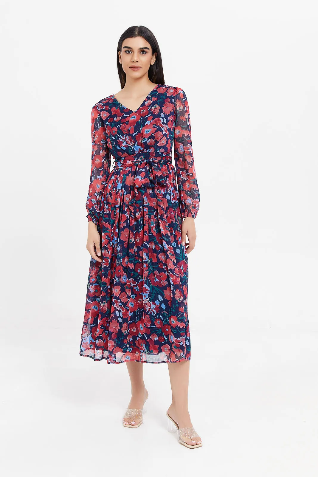 Women Navy Floral Print Belted Maxi Dress