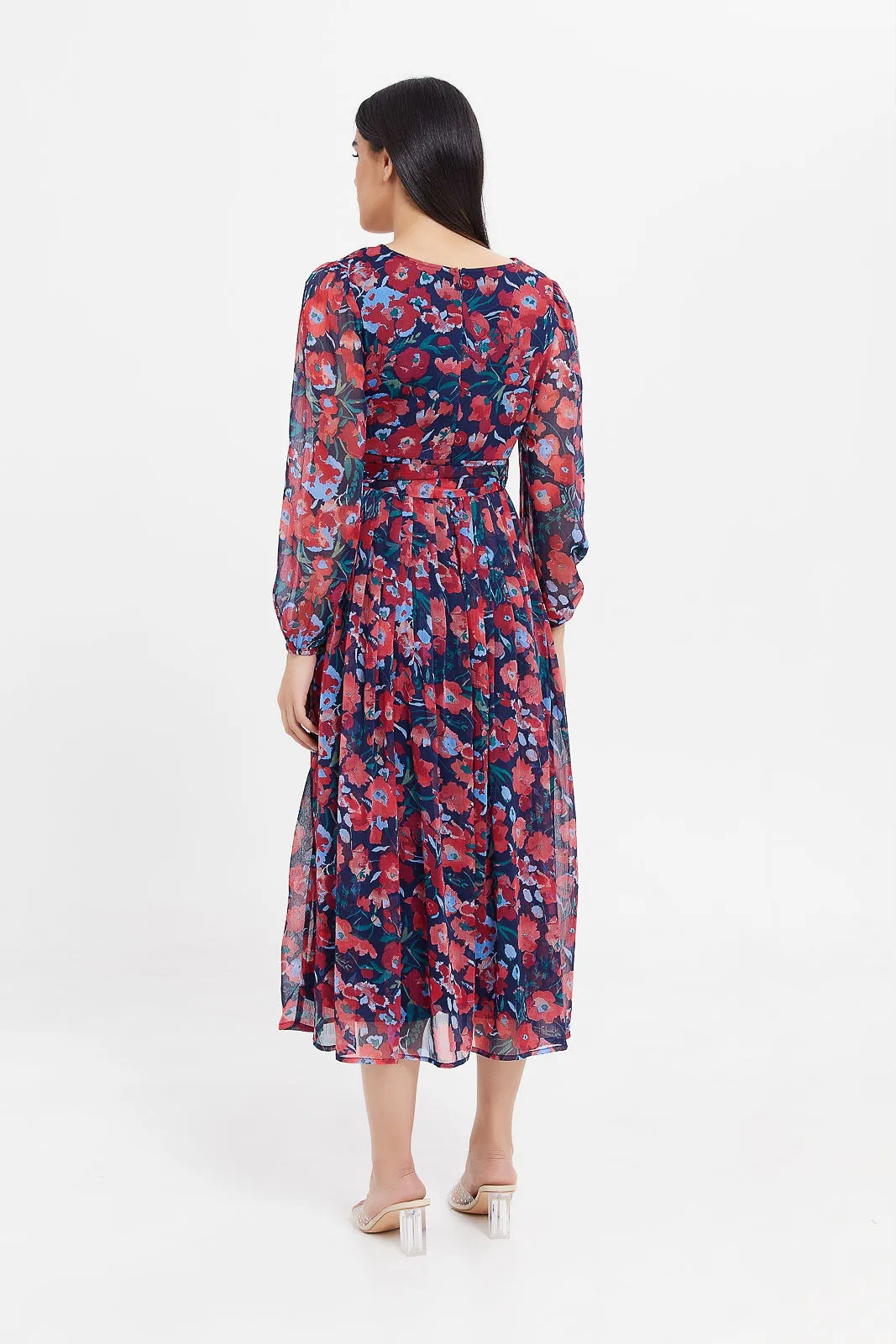 Women Navy Floral Print Belted Maxi Dress