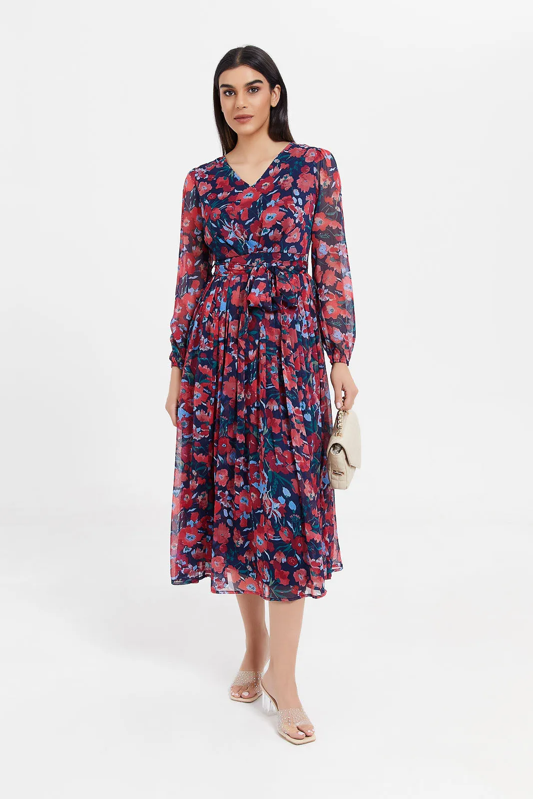 Women Navy Floral Print Belted Maxi Dress