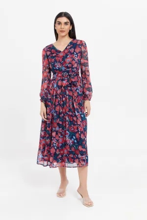 Women Navy Floral Print Belted Maxi Dress