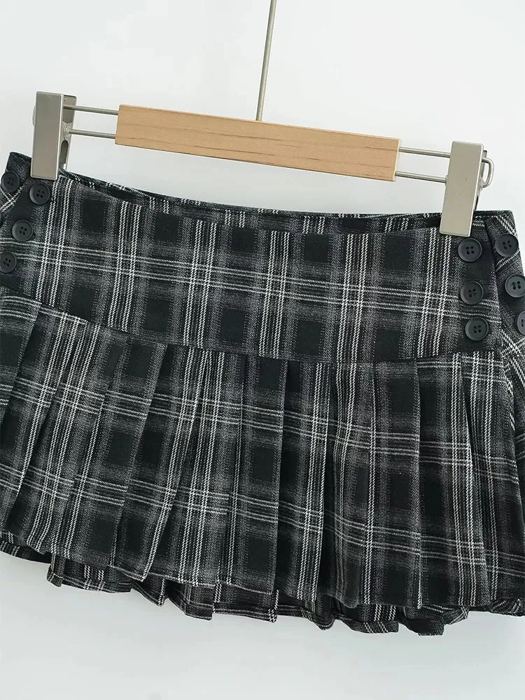 Women New Fashion Preppy Style Plaid Printed Pleated Mini Skirt Hot Sweet Low Waist Sexy Super Short Skirts