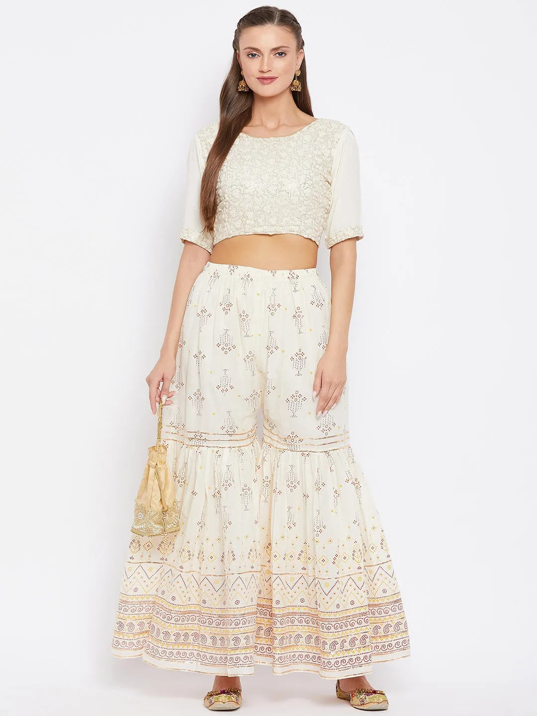 Women Off-White Printed Cotton Gharara