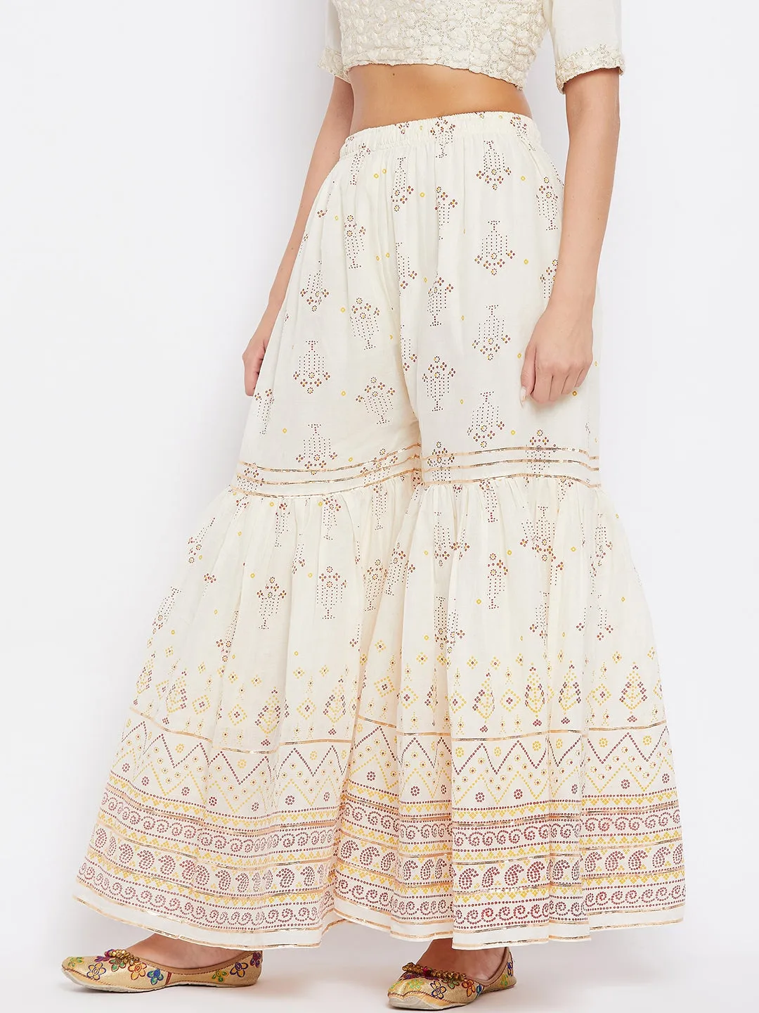 Women Off-White Printed Cotton Gharara