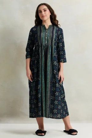 Women Olive Embroidery Printed Nightgown