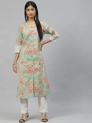 Women Olive Floral Cotton Flex A-Line Kurta