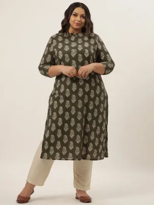 Women Olive Green & Off White Ethnic Motifs Printed Pure Cotton Kurta With Palazzos