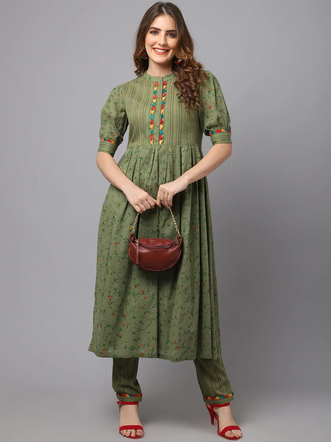 Women Olive Green Flower Print And Strip Kurta