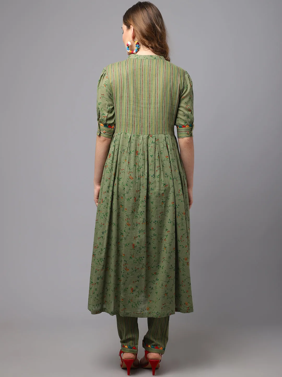 Women Olive Green Flower Print And Strip Kurta