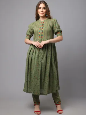 Women Olive Green Flower Print And Strip Kurta