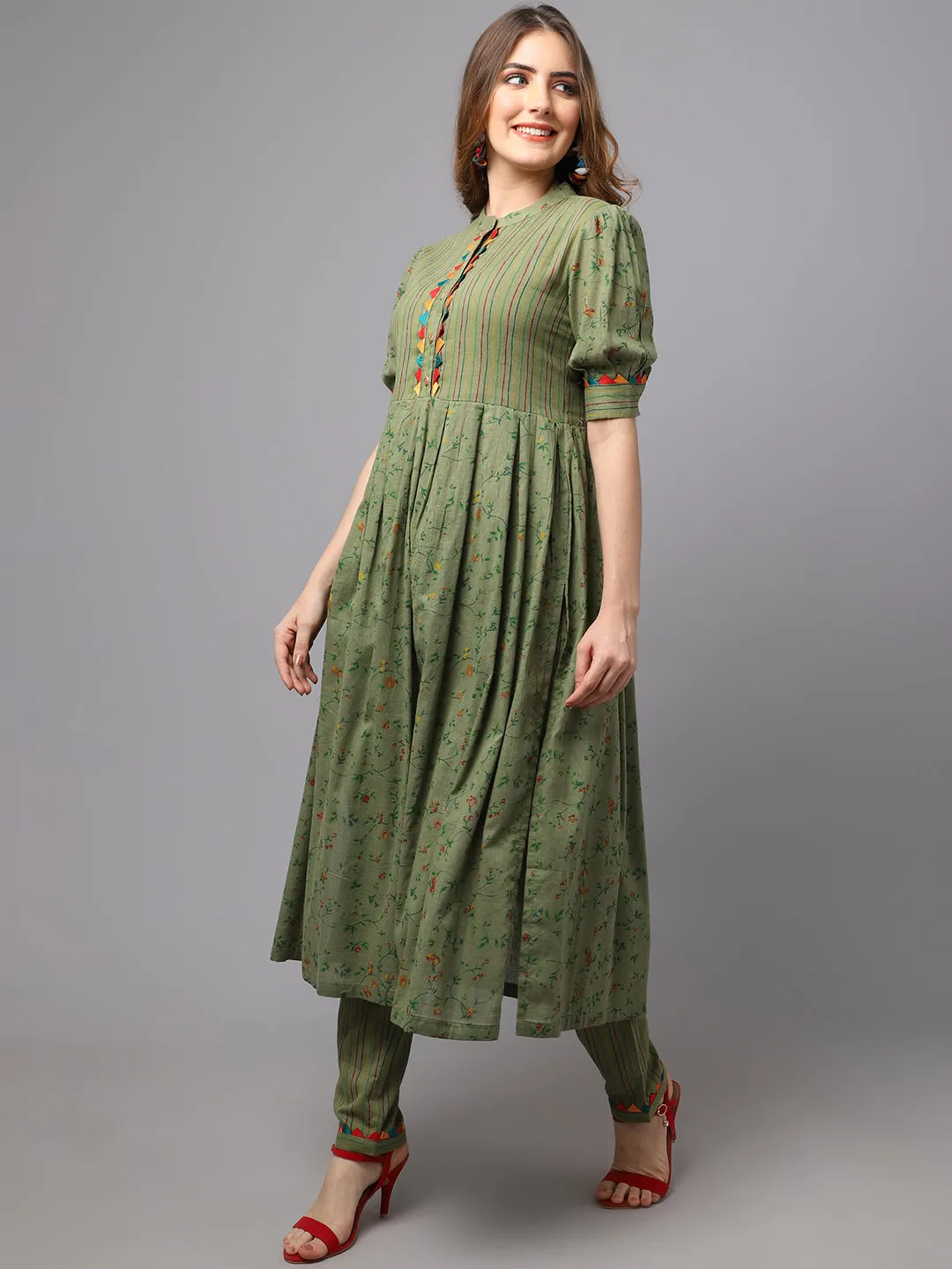 Women Olive Green Flower Print And Strip Kurta