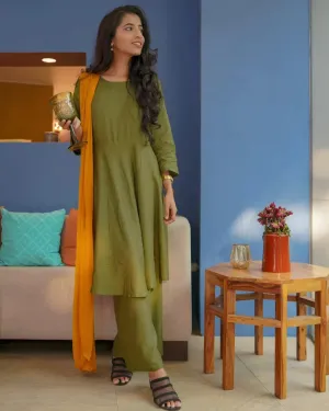 Women Olive Green Solid Kurta With Palazzos & Dupatta