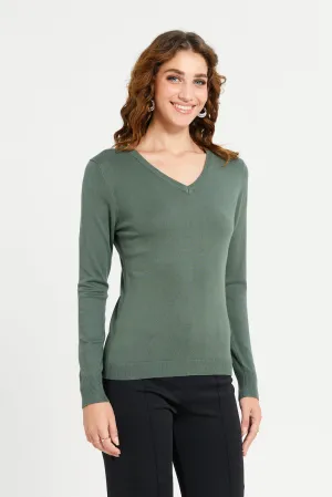 Women Olive V-Neck Pullover