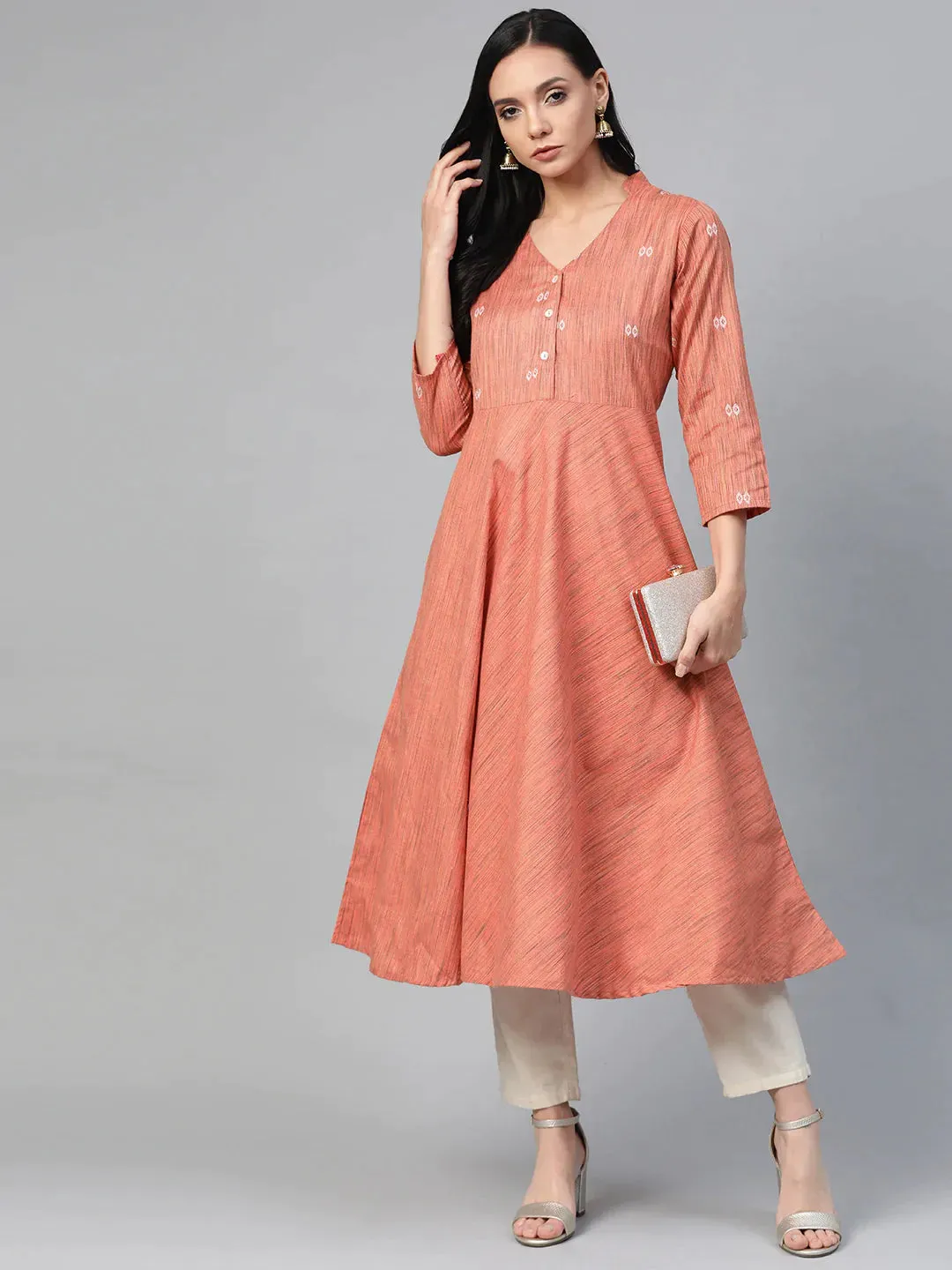 Women Orange Woven Design Flaired Kurta