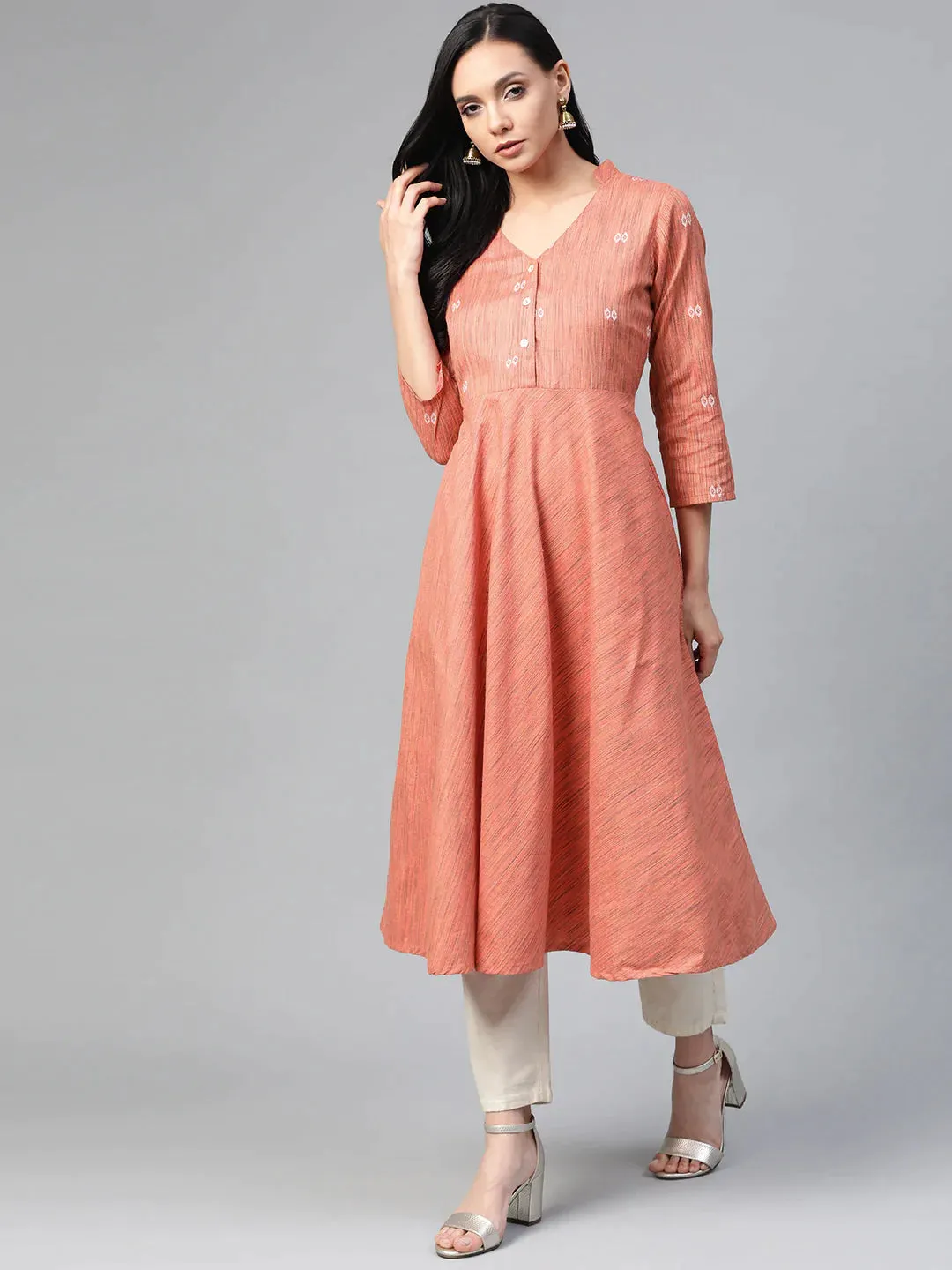 Women Orange Woven Design Flaired Kurta