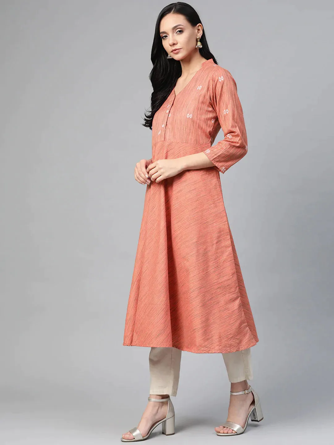 Women Orange Woven Design Flaired Kurta