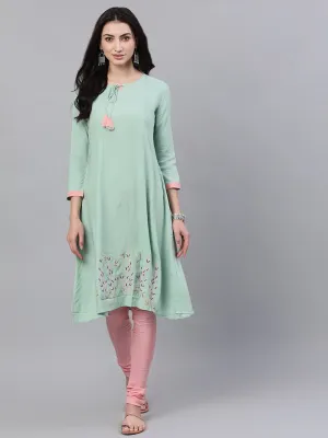 Women Pastel Green And Pink Embroidered Boat Neck With V-Slit 3/4Th Sleeves  Kurta With Pink Churidar