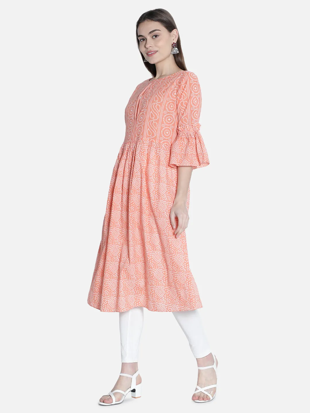 Women Peach And White  Printed Dress