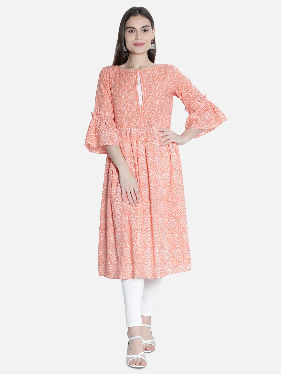 Women Peach And White  Printed Dress