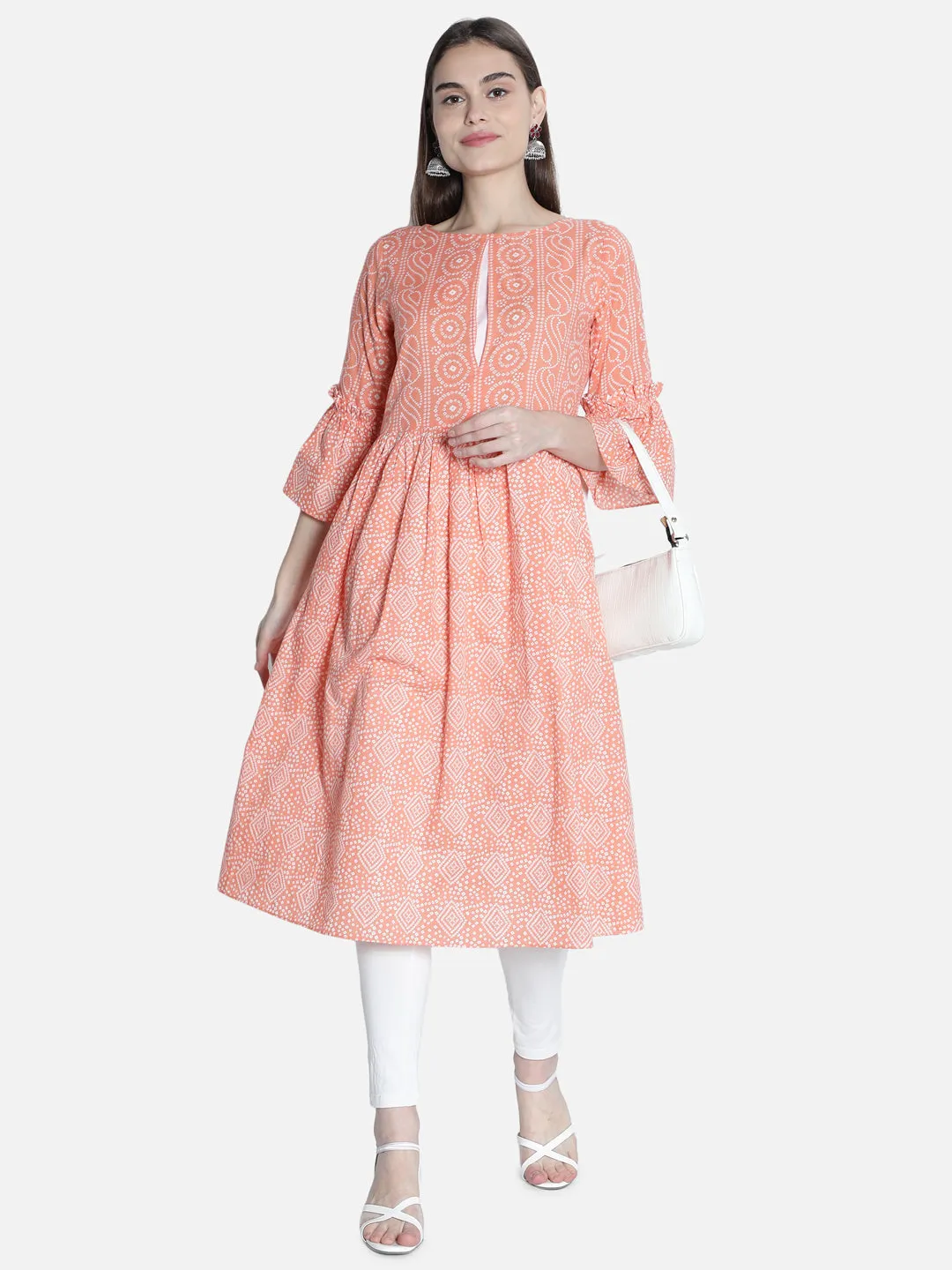 Women Peach And White  Printed Dress