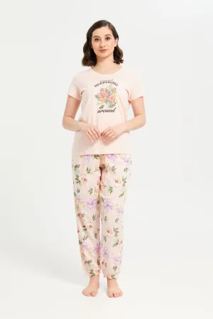 Women Peach Printed Short Sleeve Pyjama Set (2 Piece)