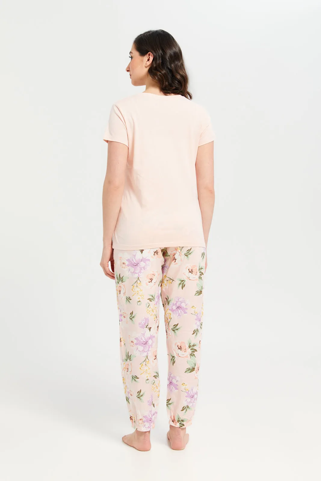 Women Peach Printed Short Sleeve Pyjama Set (2 Piece)