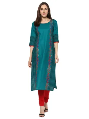 Women Peacock Blue Geometric Ajrakh Hand Block Cotton Printed Straight Kurta - Inayat