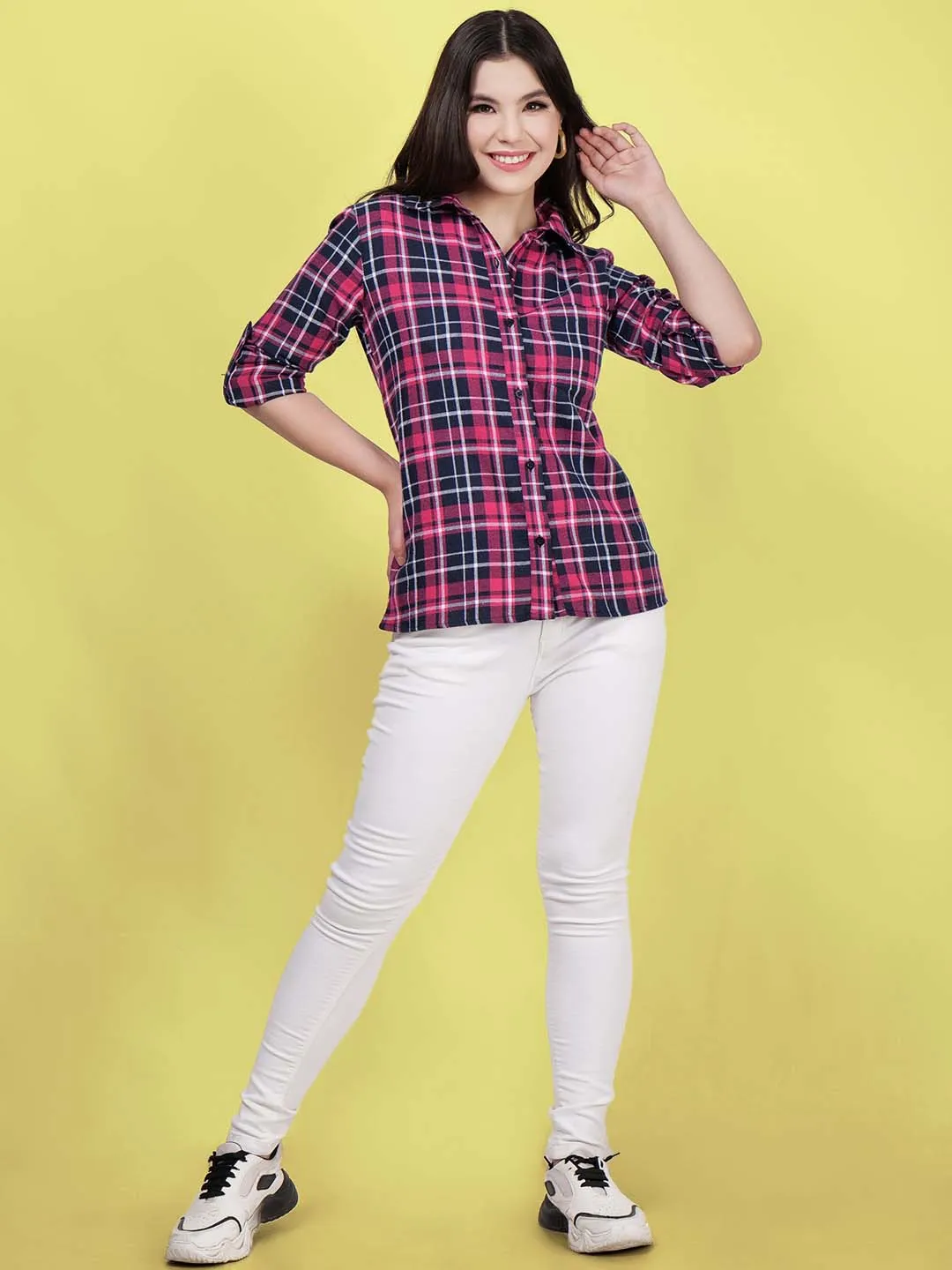 Women Pink Check Cotton Shirt