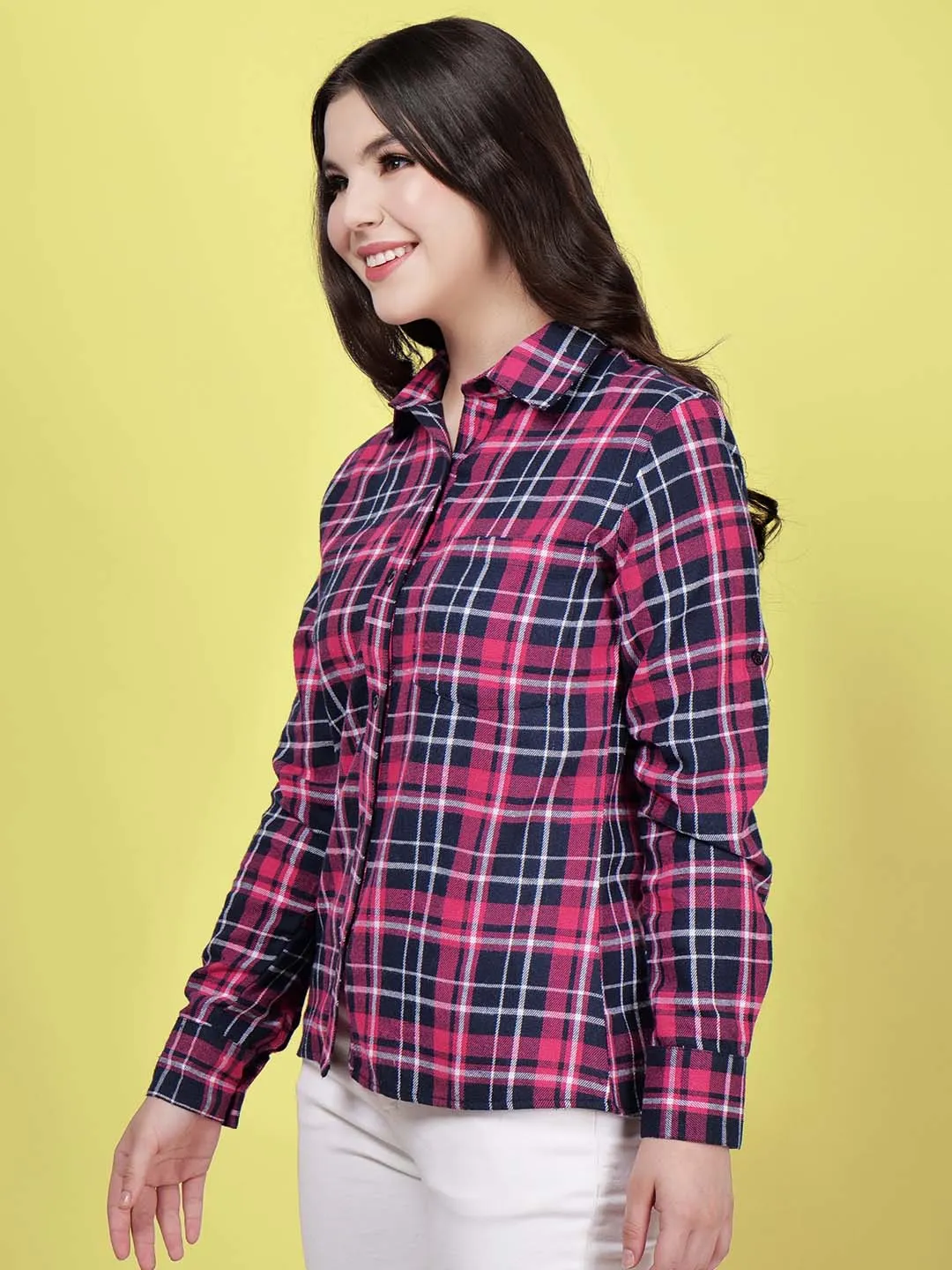 Women Pink Check Cotton Shirt