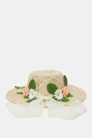 Women Pink Color Floral Embellished Hat