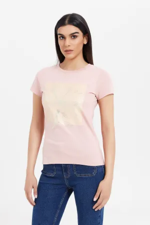 Women Pink Floral Foil T-Shirt