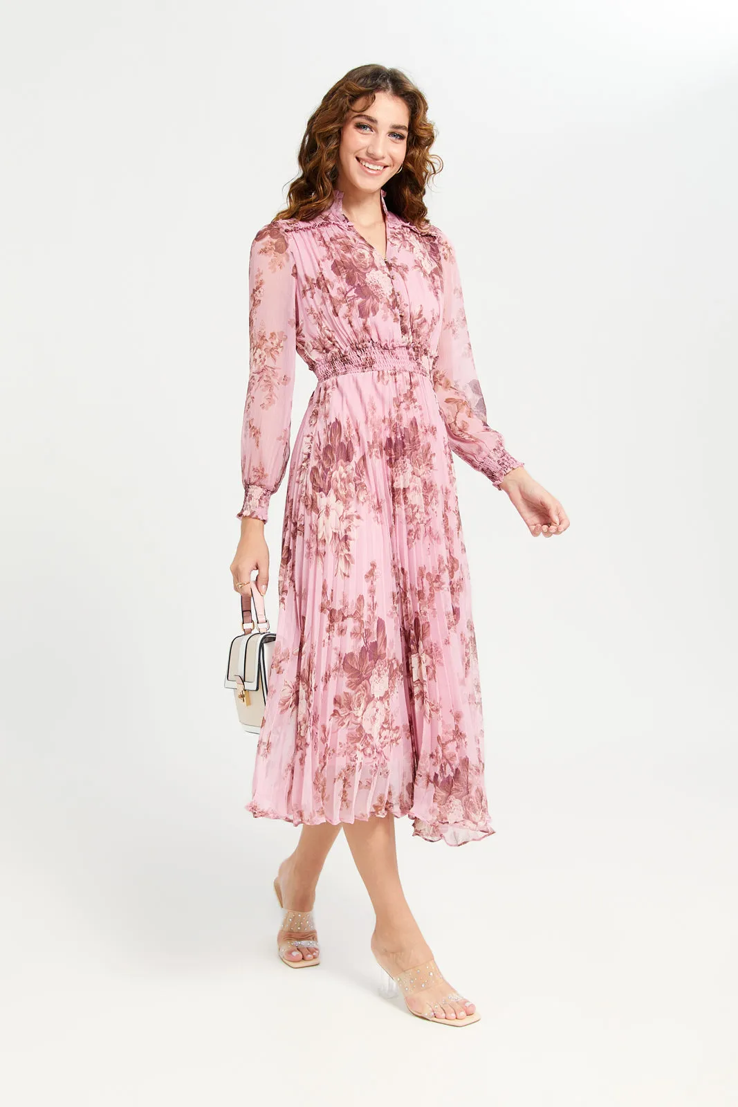 Women Pink Floral Plisse Dress