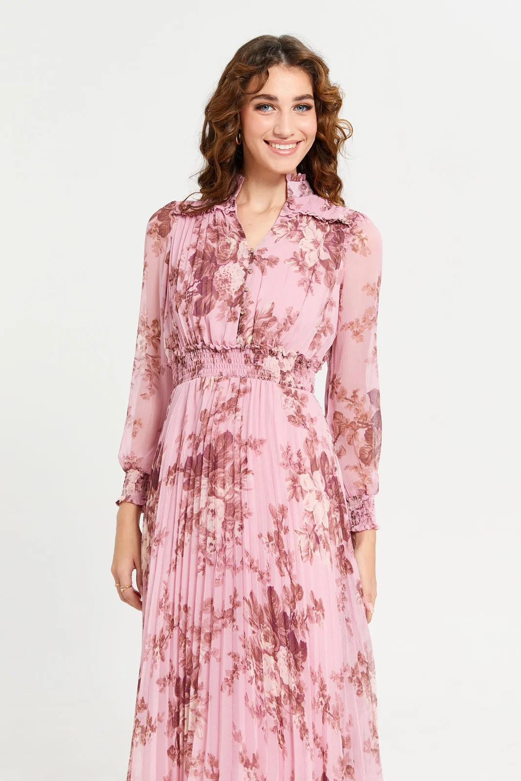 Women Pink Floral Plisse Dress