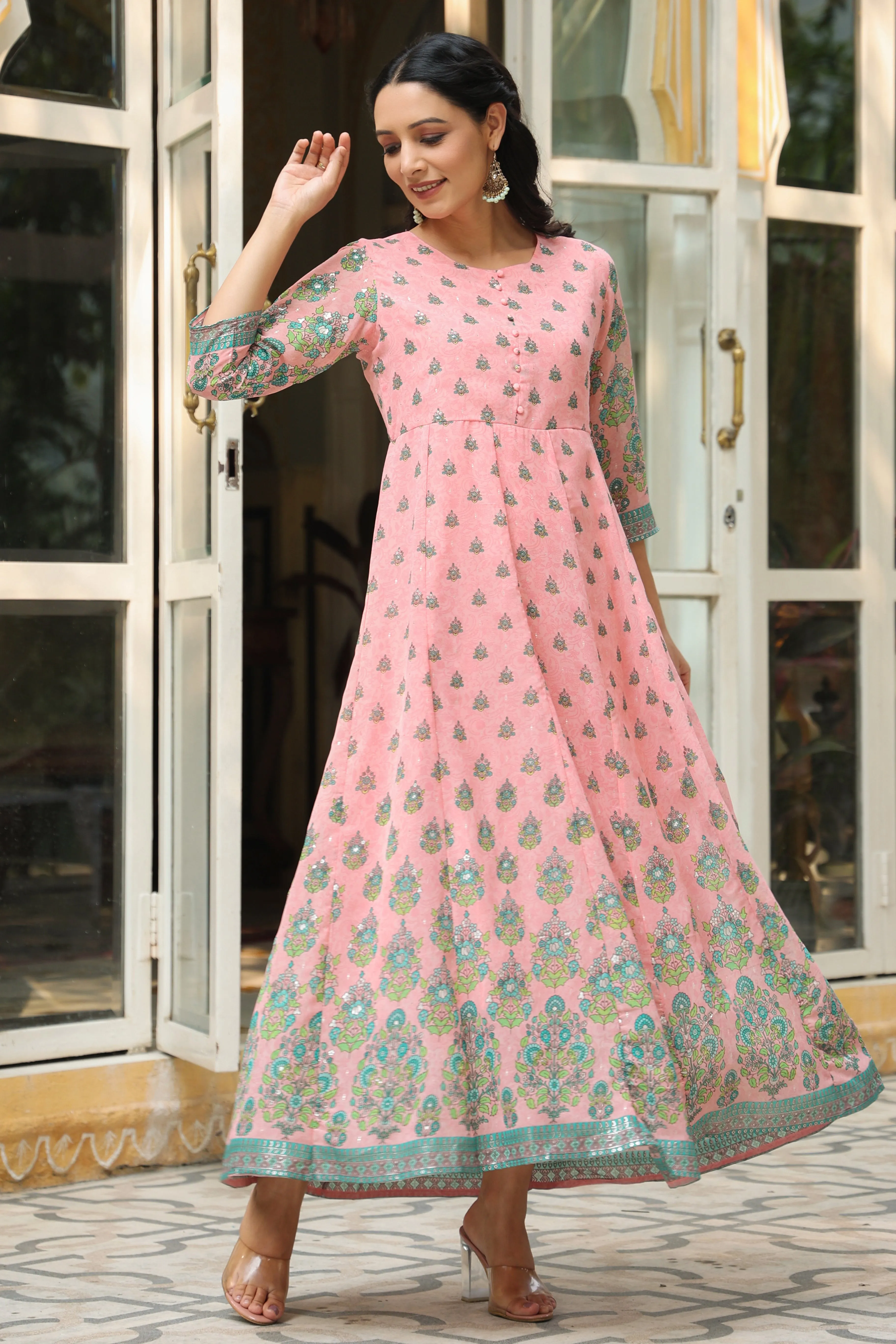 Women Pink Georgette Printed Dress