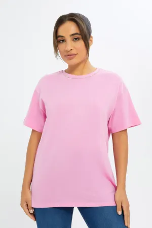 Women Pink Neck Embellishments T-Shirt