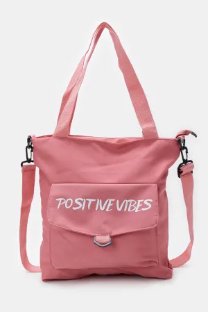 Women Pink Positive Vibes Printed Shopper Bag