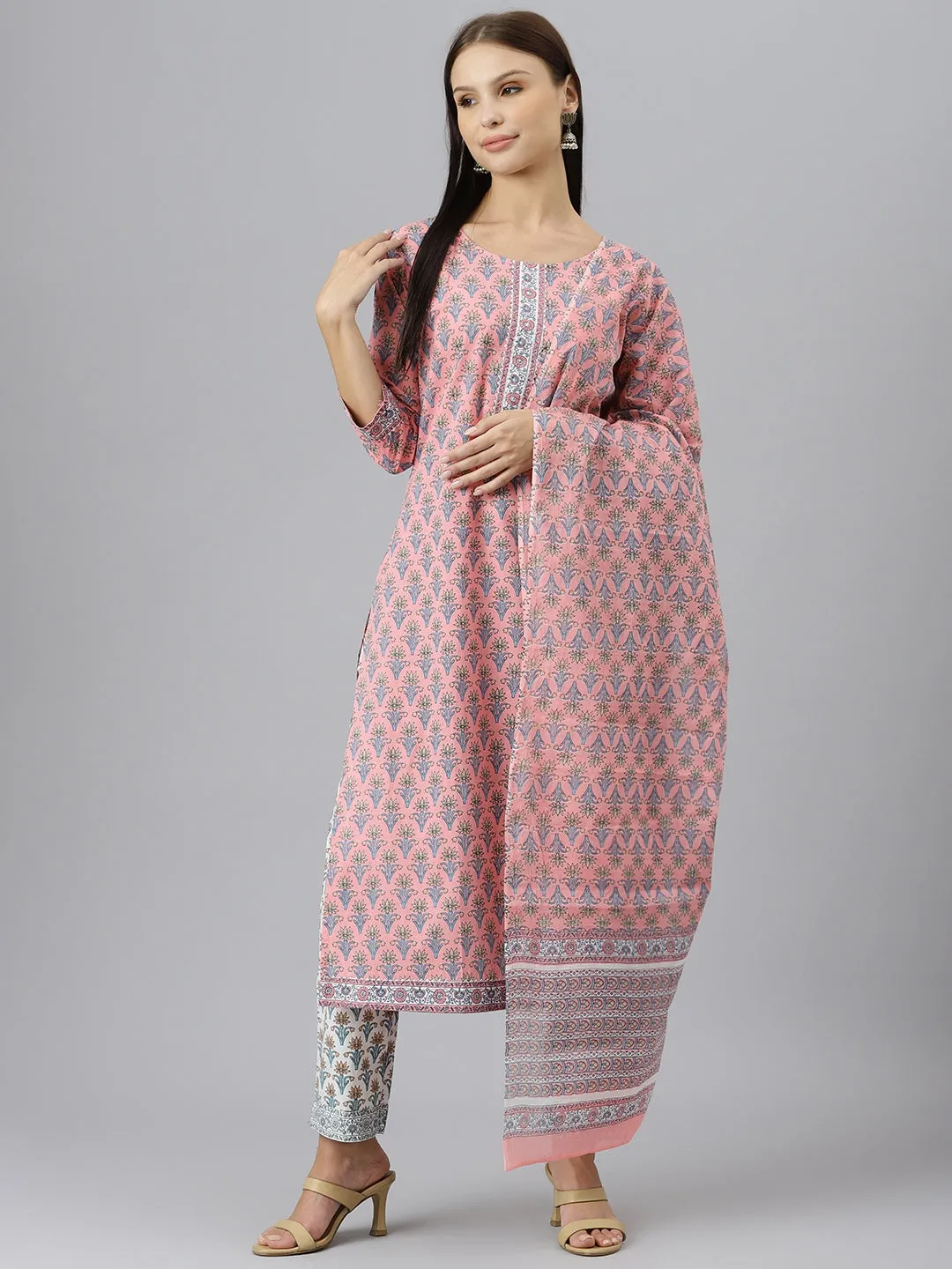 Women Pink Printed Gotta Patti Pure Cotton Kurta With Trousers & Dupatta