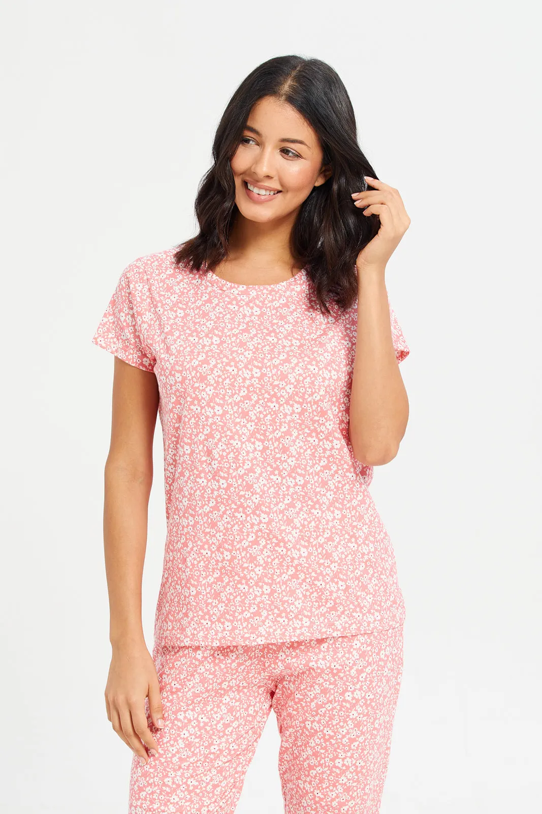 Women Pink  Printed Round Neck Pyjama Set (2 Piece)