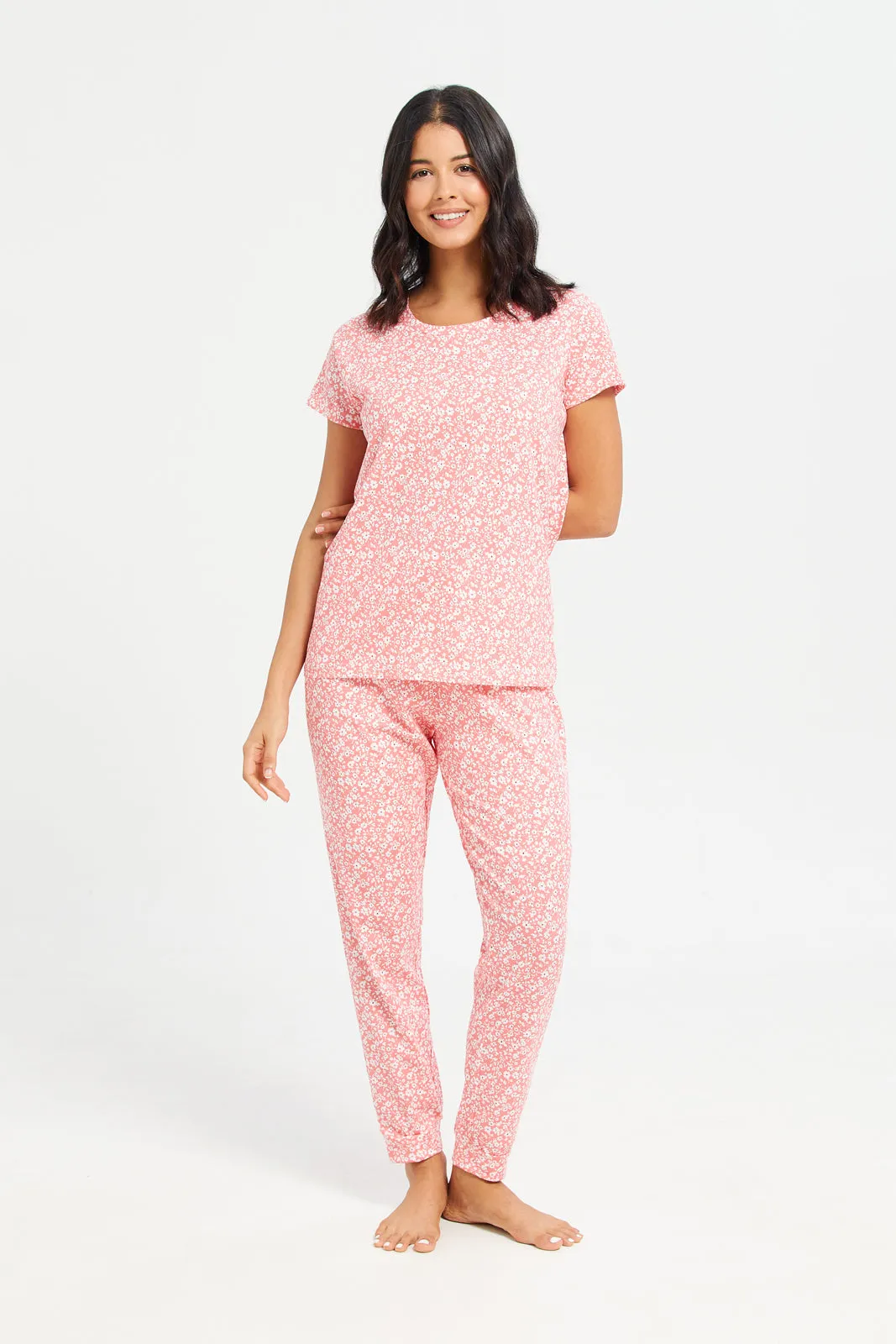 Women Pink  Printed Round Neck Pyjama Set (2 Piece)