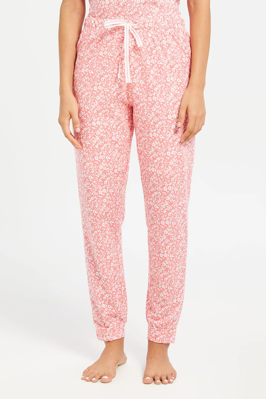 Women Pink  Printed Round Neck Pyjama Set (2 Piece)