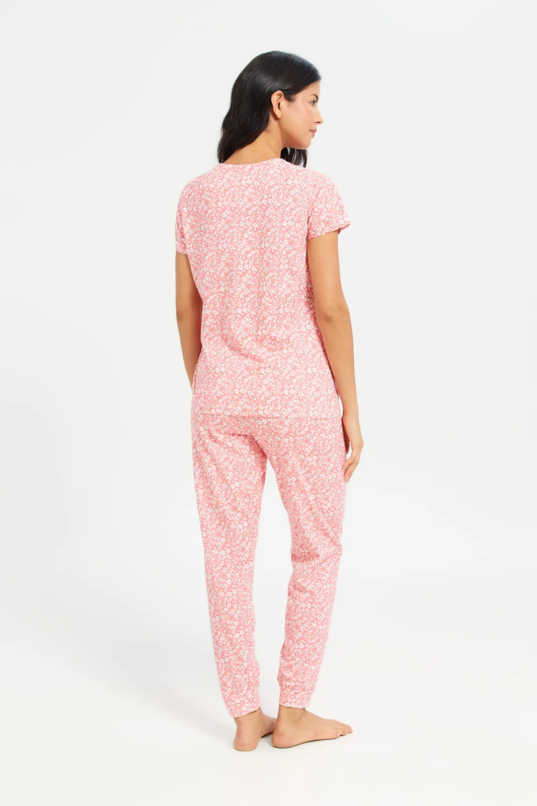 Women Pink  Printed Round Neck Pyjama Set (2 Piece)