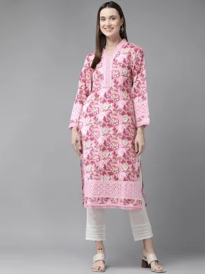 Women Pink Pure Cotton kurta set with embroidery Kurta Trouser Set