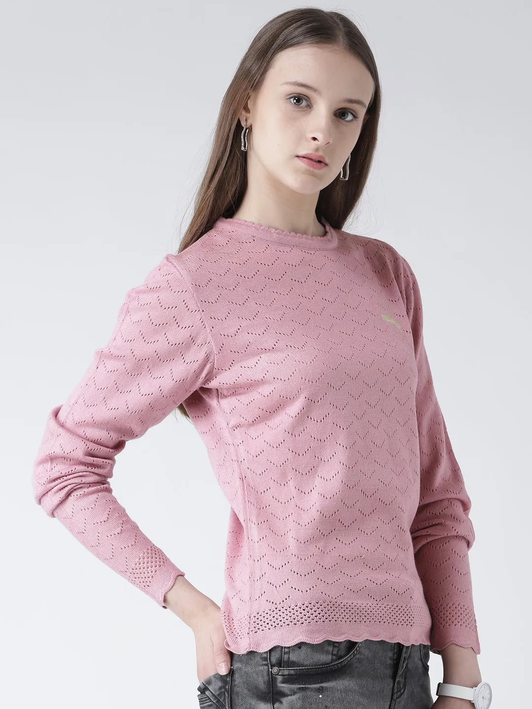 Women Pink Self Design Pullover