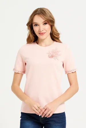 Women Pink Top With Floral Applique