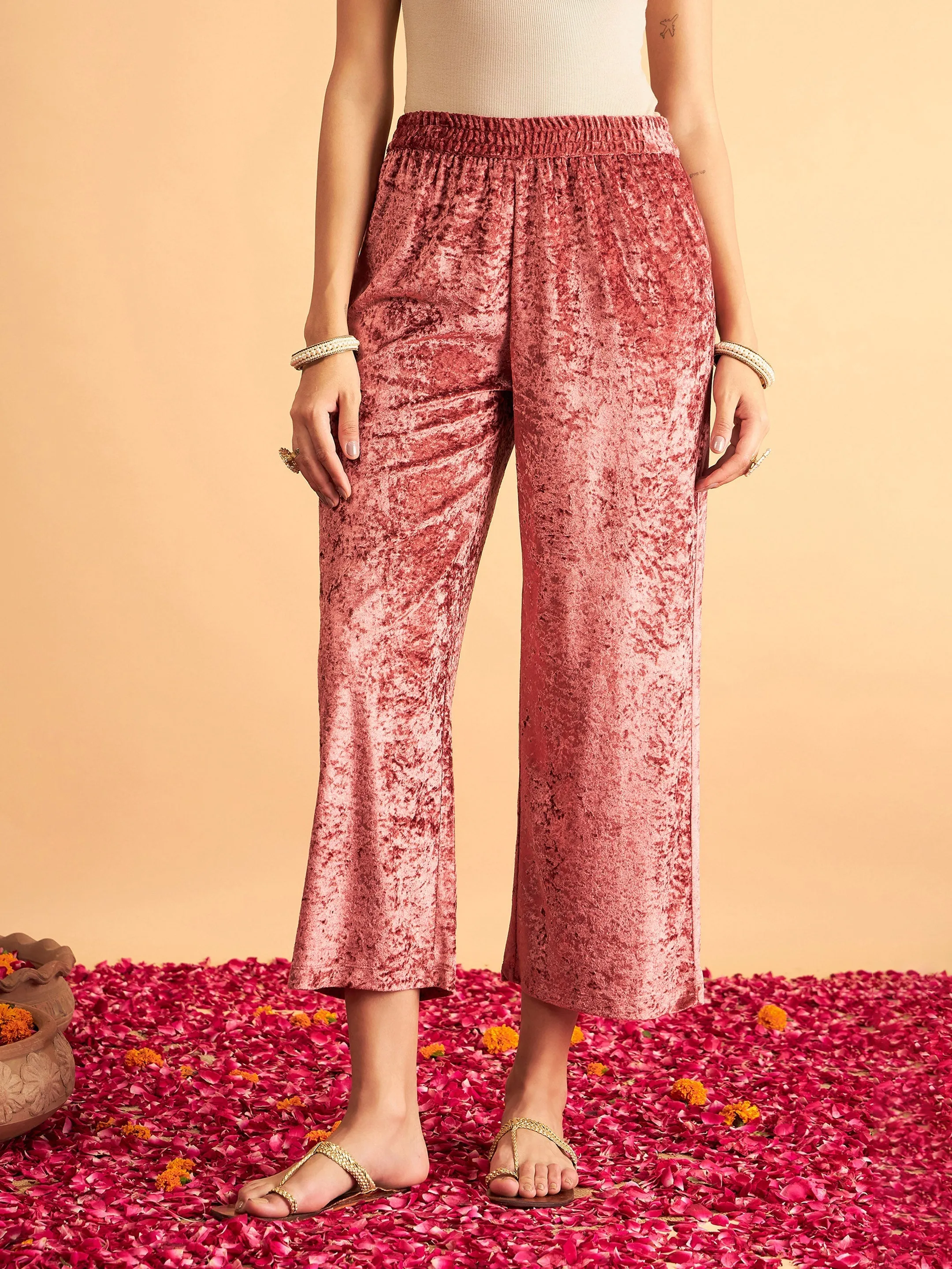 Women Pink Velvet Straight Pants