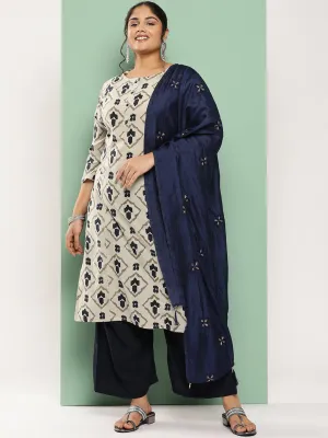 Women Plus Size Beige Pure Cotton Kurta Set With Dupatta