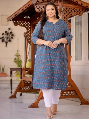 Women Plus Size Blue Pure Cotton Kurta