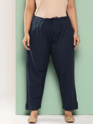 Women Plus Size Navy Blue Cotton Trouser