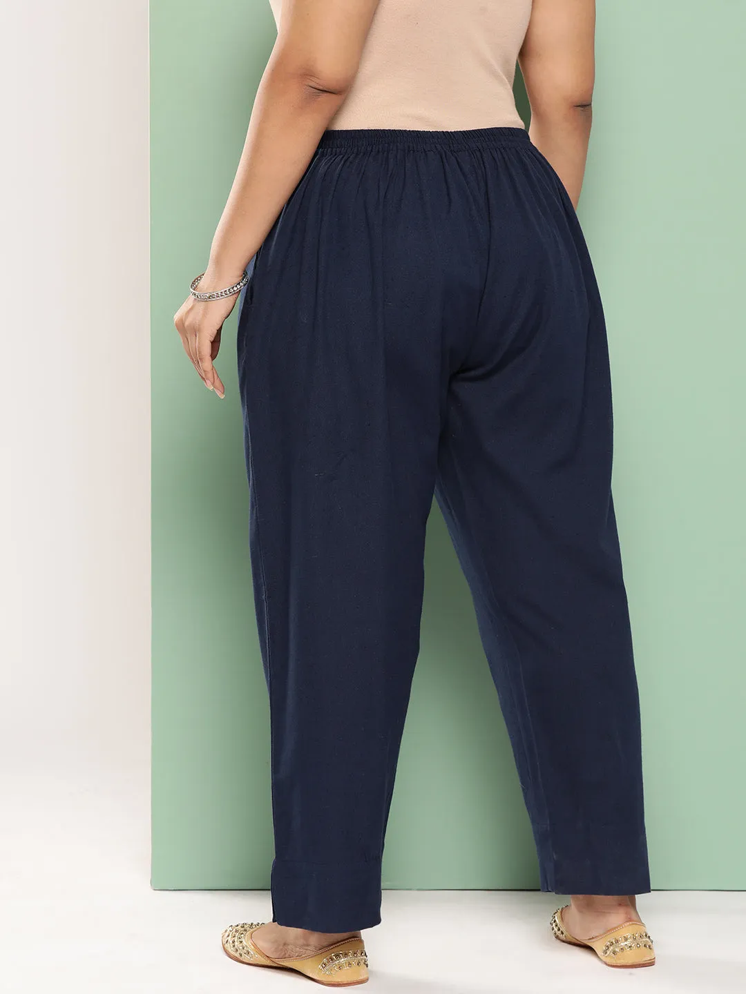 Women Plus Size Navy Blue Cotton Trouser