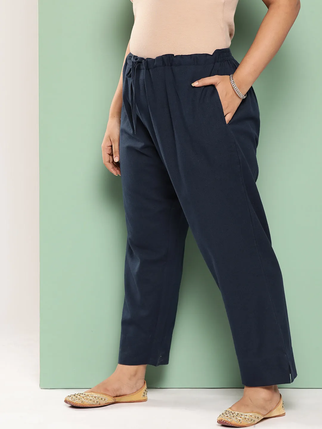 Women Plus Size Navy Blue Cotton Trouser