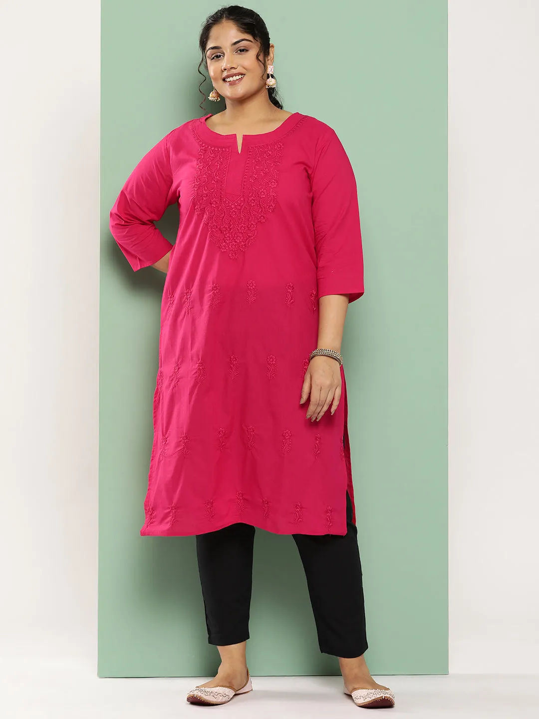 Women Plus Size Pink Pure Cotton Kurta